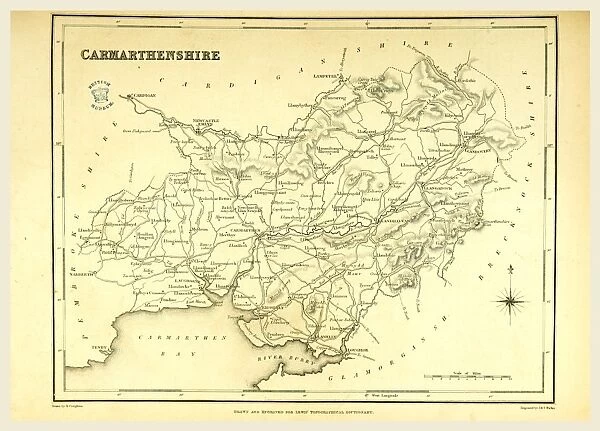 A Topographical Dictionary of Wales, Carmarthenshire, 19th century engraving, UK