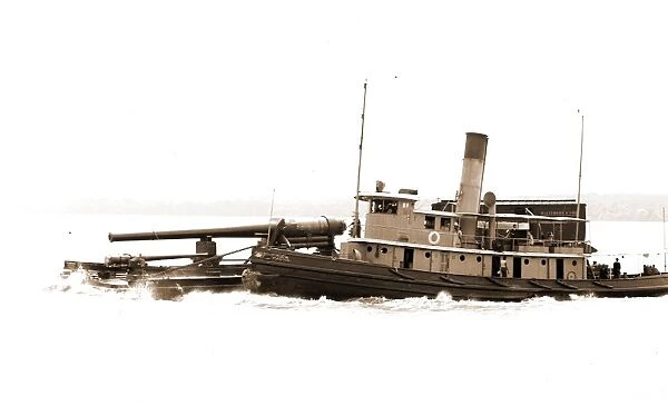 Tugboat with barge carrying cannon, Tugboats, Barges, Cannons, Rivers, 1880