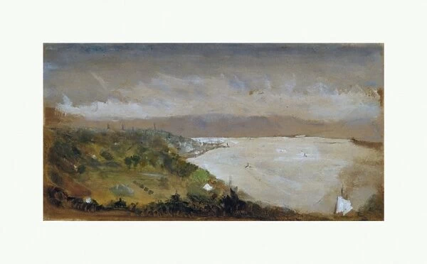View Hudson River Catskills 1870s Oil paper 7 1  /  2 x 13 15  /  16