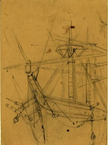 View of ships bow and rigging, between 1860 and 1865, drawing on brown paper pencil, 14