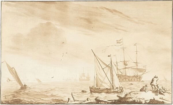 Warship at the beach, Jurriaan Cootwijck, Ludolf Bakhuysen, 1724-1798