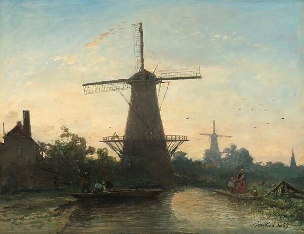 Windmills Rotterdam Two windmills canal foreground