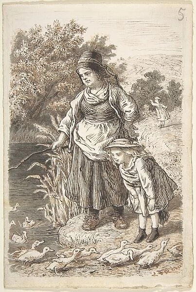 Woman Child Duck Pond 1835-1903 Pen dark brown