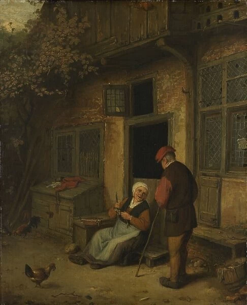 A woman gutting herring in front of her house, copy after Adriaen van Ostade, c. 1650 - c