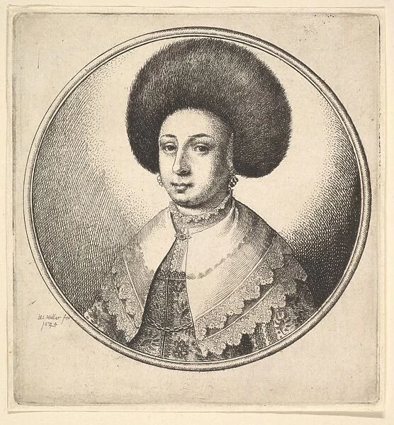 Woman large circular fur hat earrings 1645 Etching