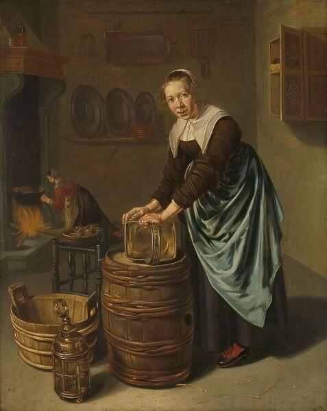 Woman scouring vessel boiler sander maid sanding