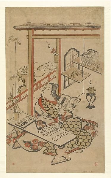 Woman table reading Telling Genji kimono pine