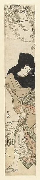 Woman wind black headscarf skirt kimono held open