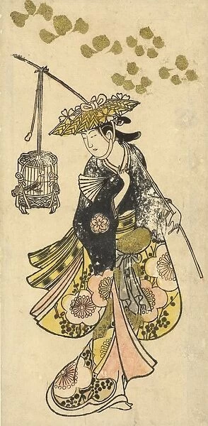 Young woman bird cage Woman hat kimono pattern