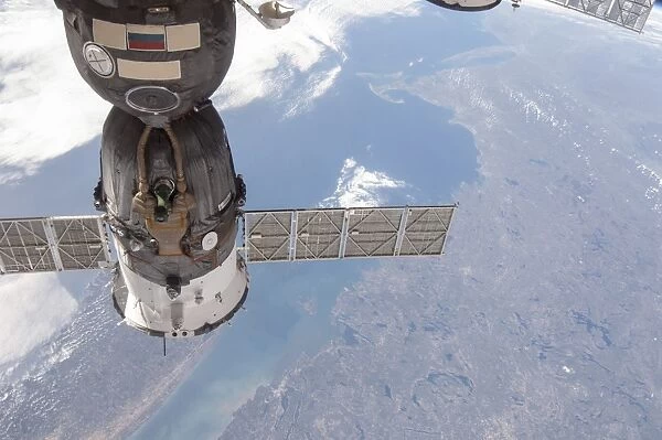 A docked Russian Soyuz spacecraft