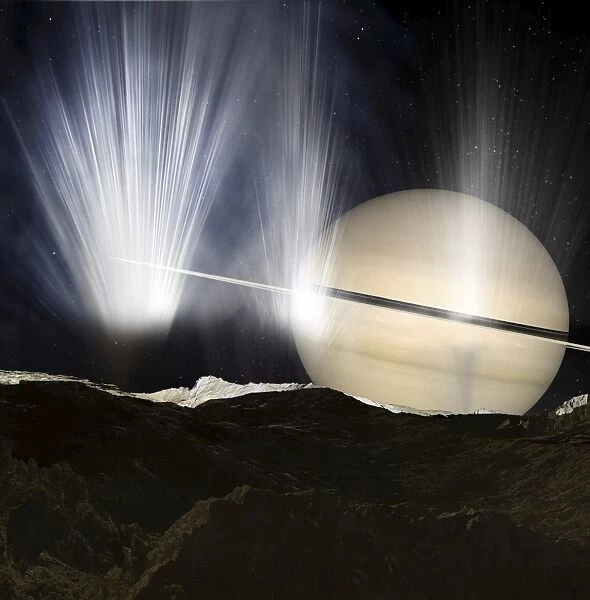 Plumes of ice crystals rise from geysers into the sunlight as dawn breaks on Enceladus