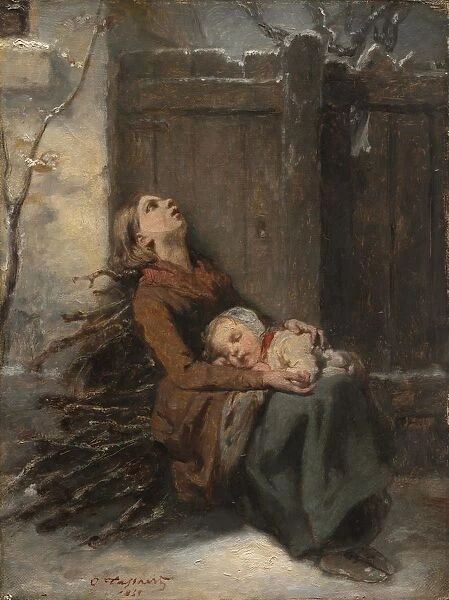 Destitute Dead Mother holding her sleeping Child in Winter, c. 1850. Creator: Octave Tassaert