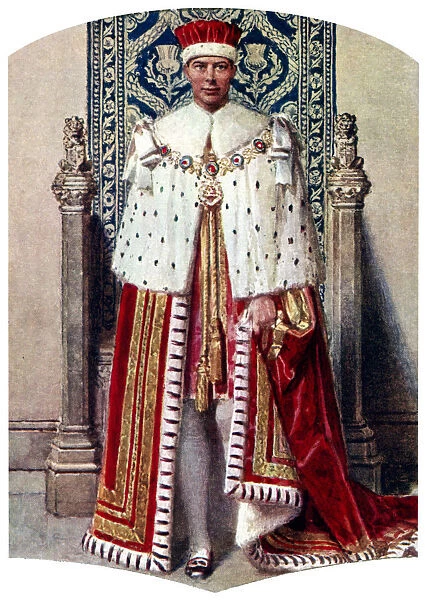George VI in coronation robes: the Crimson Robe of State, with the Cap of Maintenance, 1937. Artist: Fortunino Matania