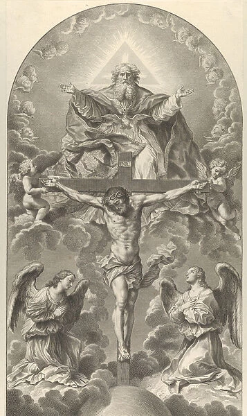 The Holy Trinity; Christ on the cross flanked by two angels