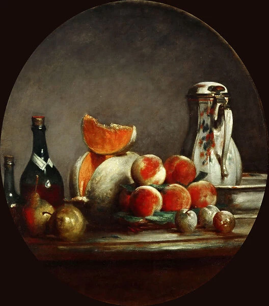 Melons, pears, peaches and plums, or The cut melon. Artist: Chardin, Jean-Baptiste Simeon (1699-1779)