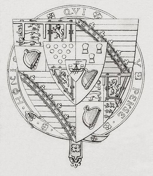 Arms of the Prince of Wales, Impaled by the Prince of Wales. Impalement or marshalling is a combination of two coats of arms side by side in one divided heraldic shield to denote a union, most often that of a husband and wife, in this case the Prince and Princess of Wales. From The National Encyclopaedia: A Dictionary of Universal Knowledge, published c. 1890; Illustration