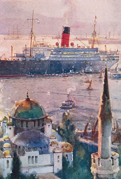 A Cunard liner lying off Constantinople, present day Istanbul, Turkey, 1920 s. From The Book of Ships, published c. 1920