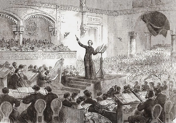 Franz Liszt conducting the performance of his new oratorio, The Legend of St. Elizabeth, in Pest, Hungary in 1865. Franz Liszt, 1811 - 1886. Hungarian composer, virtuoso pianist, conductor, music teacher, arranger, organist, writer, philanthropist, Hungarian nationalist and a Franciscan tertiary. From The Illustrated London News, published 1865