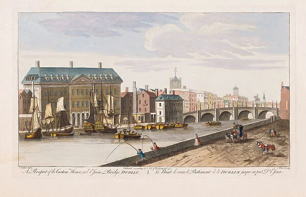 A Prospect of the Custom House and Essex Bridge, Dublin. After an engraving dated 1753 by Remigius Parr after a work by Joseph Tudor. Later colourization