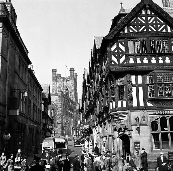 Street scenes in Chester with a view of the Cathedral, Cheshire. April 1953