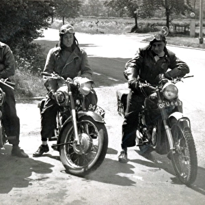 Three bikers on their 1940s / 50s Matchless & AJS motorcycles