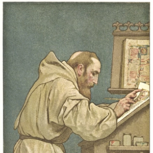 Collectors card, monk working on a manuscript