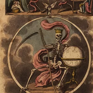 Frontispiece with skeleton of death seated with scythe