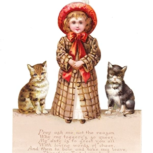 Girl with two cats on a cutout greetings card