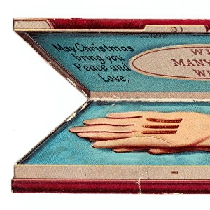 Glove box with greeting on a Victorian Christmas card