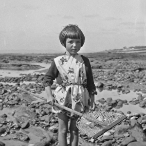 Little girl with fishing net at the seaside