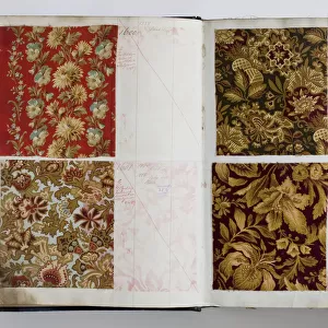 Pages from a book of textile samples, annotated by hand with