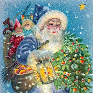 Santa Claus with lantern and tree on a Christmas postcard