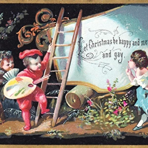 Two women and artist on a Christmas card