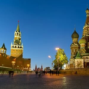 Red Square, St. Basils Cathedral and the Saviors Tower of the Kremlin lit up at night