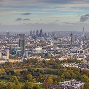 Aerial view from helicopter, Regents Park, BT Tower, The Shard & City of London, London