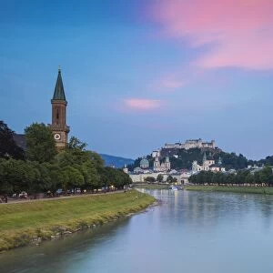Austria, Salzburg, View of the Protestant parish Salzburg Christ Church, Salzach River
