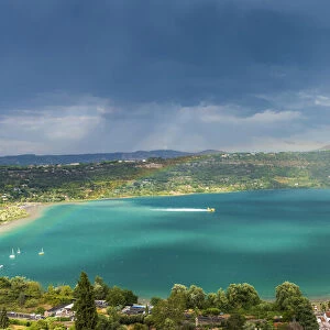 europe, Italy, Latium. Castel Gandolfo. The Lake Albano during a thunderstorm with a