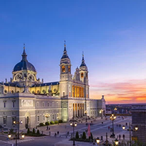 Exterior of Almudena Cathedral at Sunset, Madrid, Spain