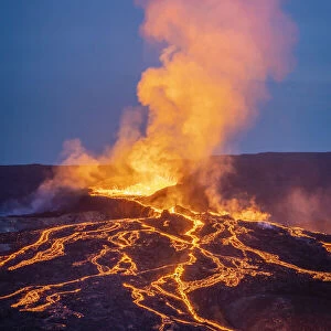 Fagradalsfjall volcano eruption at twilight, Geldingadalir, Reykjanes Peninsula, Iceland