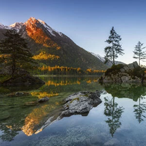 Lake Hintersee against Hochkalter, Berchtesgaden Alps, Bavaria, Germany