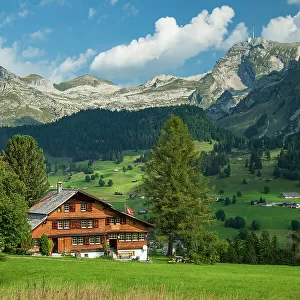 Switzerland, St. Gallen, Toggenburg, Wildhaus, view from Oberdorf to Mount Saentis