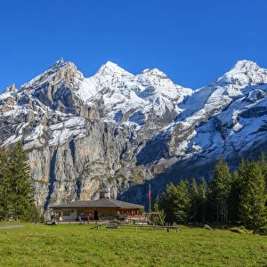 View on Blumlisalp mountain range with Lager hut, Kandersteg, Berner Oberland, Switzerland