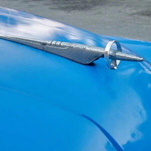 Detail of hood ornament on blue classic American Buick car in Habana, Havana, Cuba