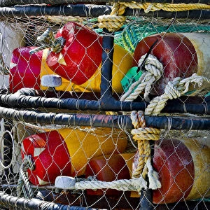 USA, Oregon, Garibaldi. Stacked crab pots on dock