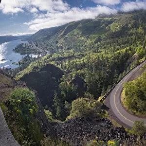 USA, Oregon. Twisting, curving Historic Columbia River Highway (Hwy 30) below the