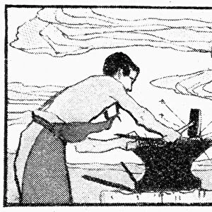 BLACKSMITHS, 1900. Blacksmiths hammering a heated piece of metal on an anvil