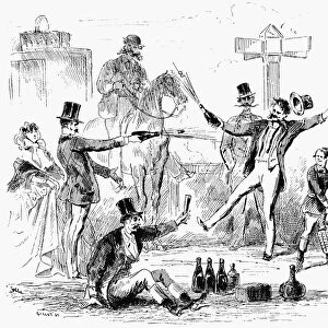 CHAMPAGNE DUEL. Line engraving, French, mid-19th century