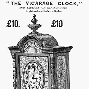 CLOCK ADVERTISEMENT, 1885. English newspaper advertisement, 1885, for the Vicarage clock, designed by J. W. Benson of London