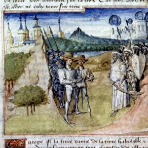 EAST AND WEST MEETING. Idealized scene of meeting between East and West. French miniature