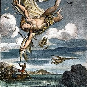 FALL OF ICARUS. Copper engraving, French, 1731, by Bernard Picart